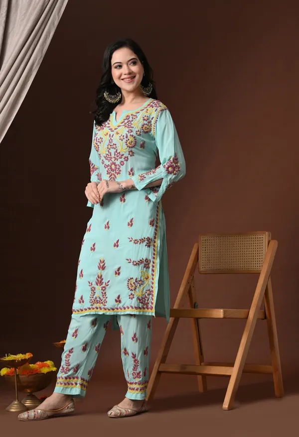 Mint_Green_Multi-Color_Hand_Embroidered_Chikankari_Modal_Kurta_Pant_Set_for_Women