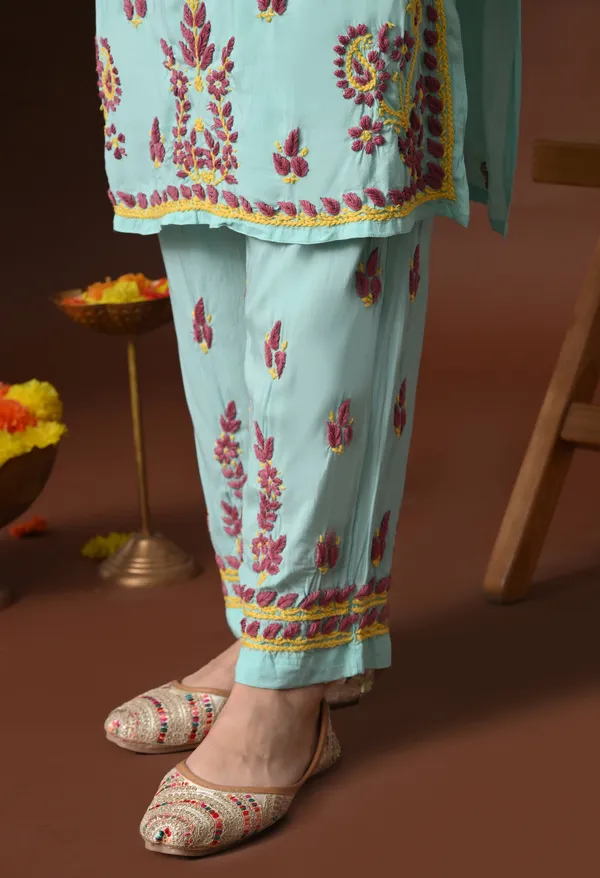 Mint_Green_Multi-Color_Hand_Embroidered_Chikankari_Modal_Kurta_Pant_Set_for_Women