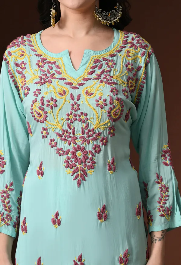 Mint_Green_Multi-Color_Hand_Embroidered_Chikankari_Modal_Kurta_Pant_Set_for_Women