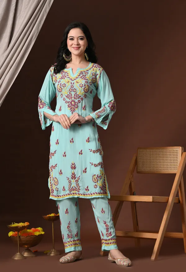 Mint_Green_Multi-Color_Hand_Embroidered_Chikankari_Modal_Kurta_Pant_Set_for_Women