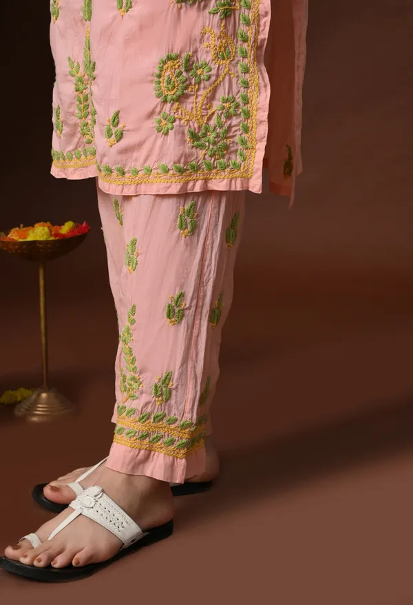 Peach_Multi-Color_Hand_Embroidered_Chikankari_Modal_Kurta_Pant_Set_for_Women