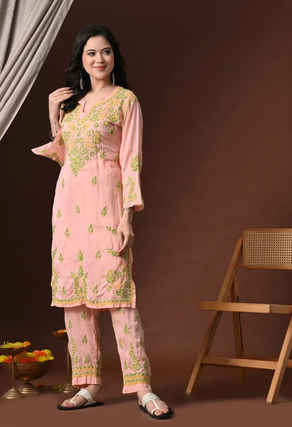 Peach_Multi-Color_Hand_Embroidered_Chikankari_Modal_Kurta_Pant_Set_for_Women