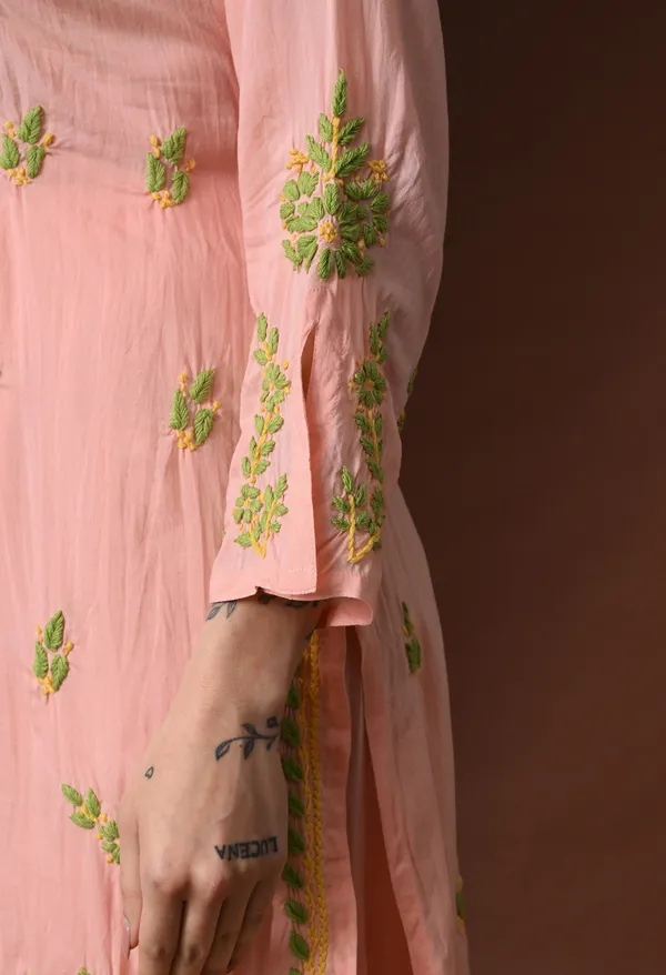 Peach_Multi-Color_Hand_Embroidered_Chikankari_Modal_Kurta_Pant_Set_for_Women