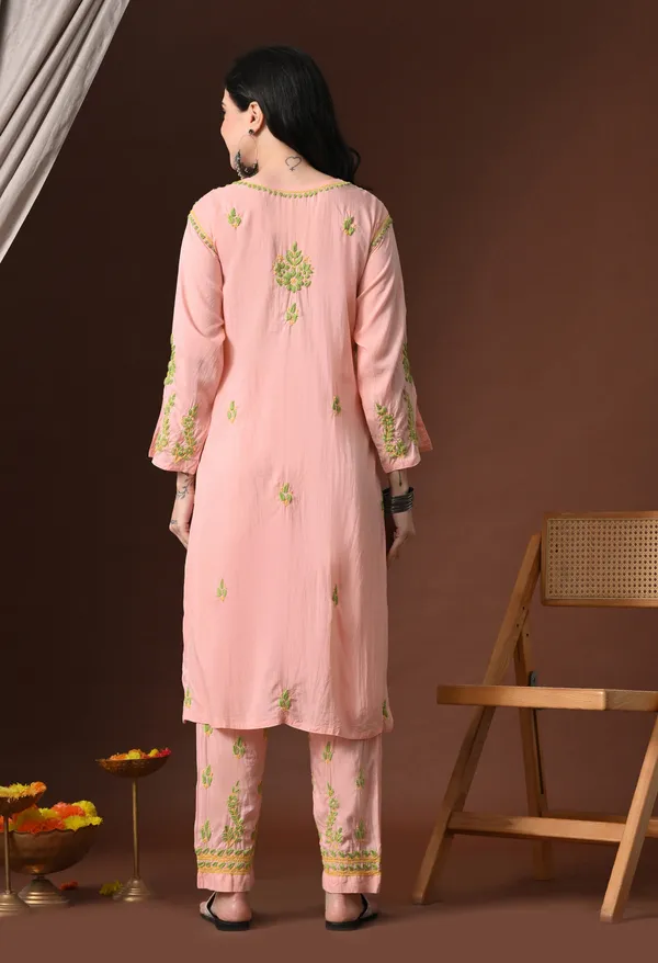 Peach_Multi-Color_Hand_Embroidered_Chikankari_Modal_Kurta_Pant_Set_for_Women