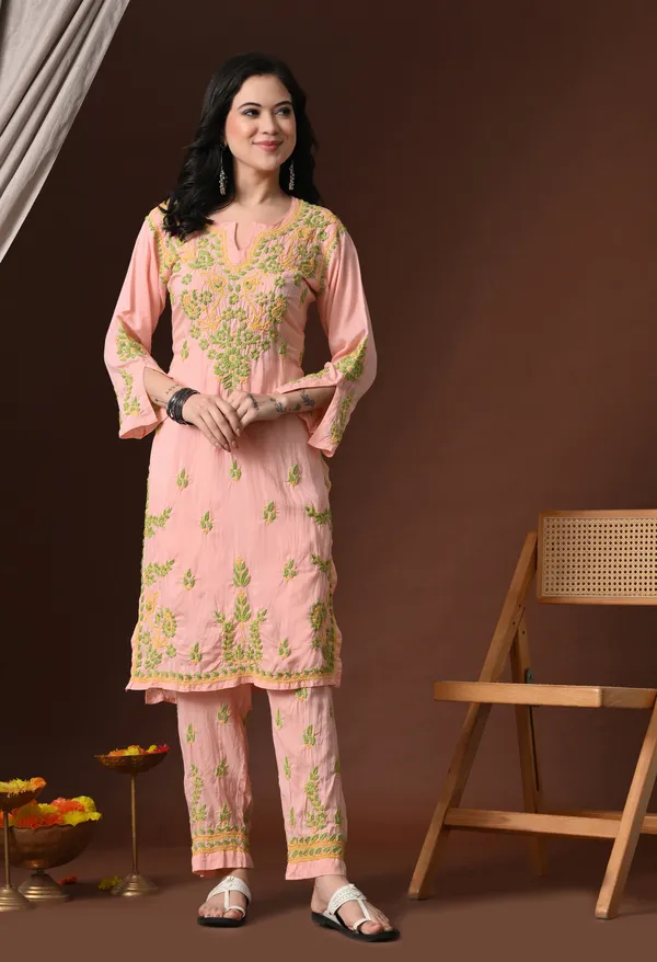 Peach_Multi-Color_Hand_Embroidered_Chikankari_Modal_Kurta_Pant_Set_for_Women
