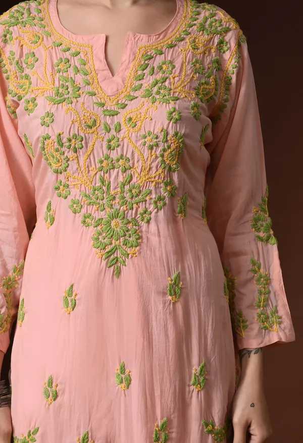 Peach_Multi-Color_Hand_Embroidered_Chikankari_Modal_Kurta_Pant_Set_for_Women