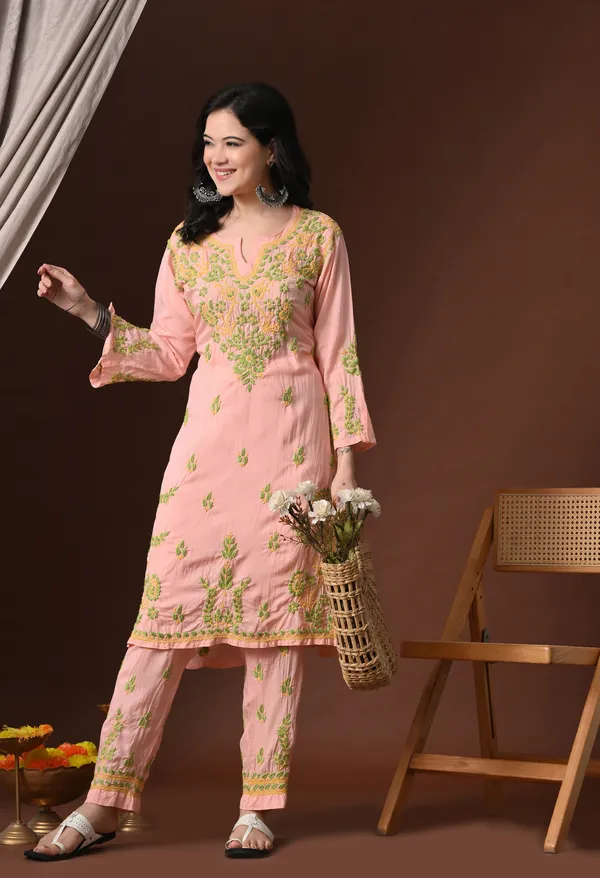 Peach_Multi-Color_Hand_Embroidered_Chikankari_Modal_Kurta_Pant_Set_for_Women