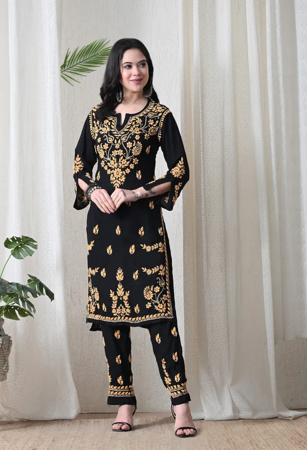 Black_Multi-Color_Hand_Embroidered_Chikankari_Modal_Kurta_Pant_Set_for_Women