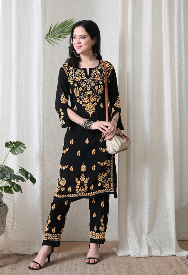 Black_Multi-Color_Hand_Embroidered_Chikankari_Modal_Kurta_Pant_Set_for_Women