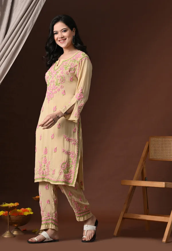 Beige_Multi-Color_Thread_Hand_Embroidered_Chikankari_Modal_Kurta_Pant_Set_for_Women