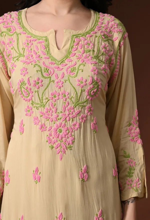 Beige_Multi-Color_Thread_Hand_Embroidered_Chikankari_Modal_Kurta_Pant_Set_for_Women