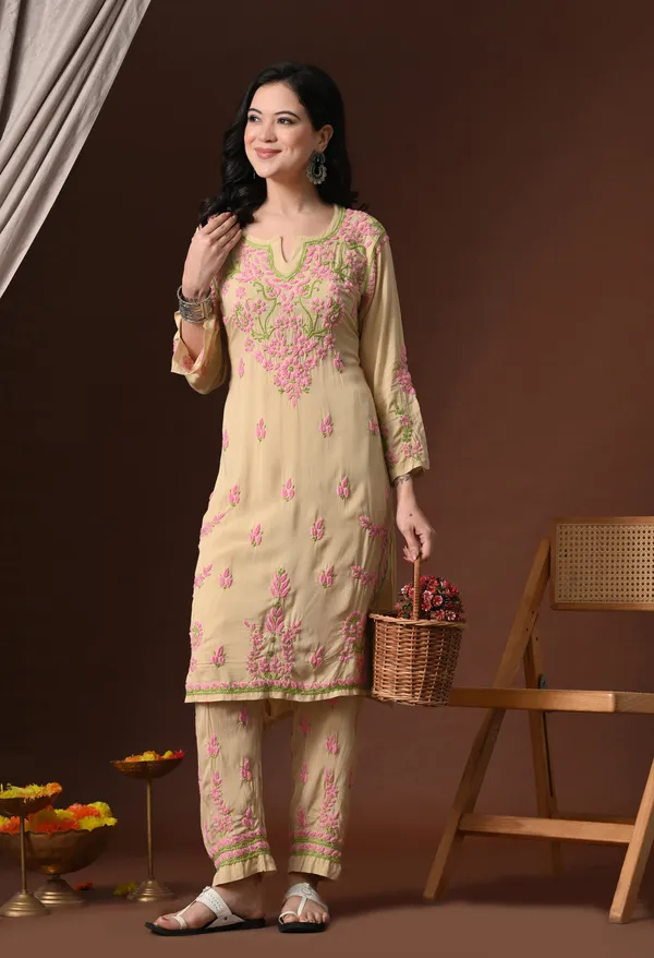 Beige_Multi-Color_Thread_Hand_Embroidered_Chikankari_Modal_Kurta_Pant_Set_for_Women