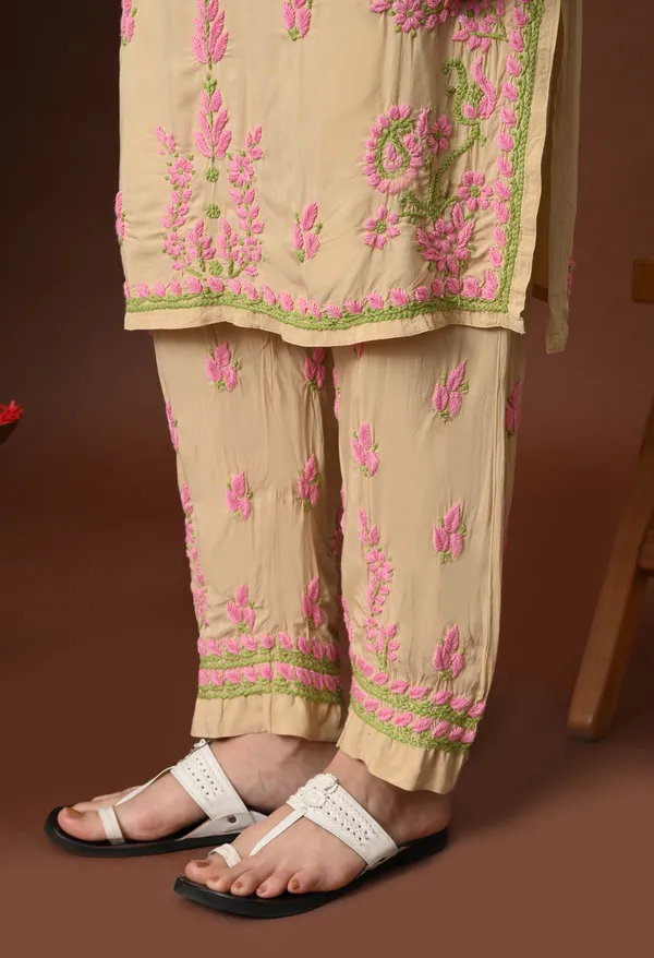 Beige_Multi-Color_Thread_Hand_Embroidered_Chikankari_Modal_Kurta_Pant_Set_for_Women
