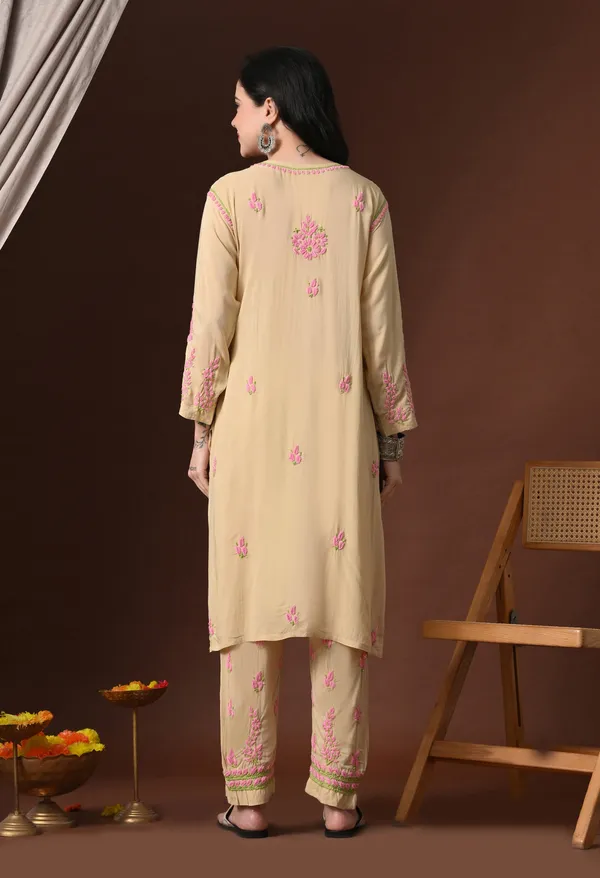 Beige_Multi-Color_Thread_Hand_Embroidered_Chikankari_Modal_Kurta_Pant_Set_for_Women