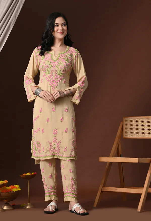 Beige_Multi-Color_Thread_Hand_Embroidered_Chikankari_Modal_Kurta_Pant_Set_for_Women