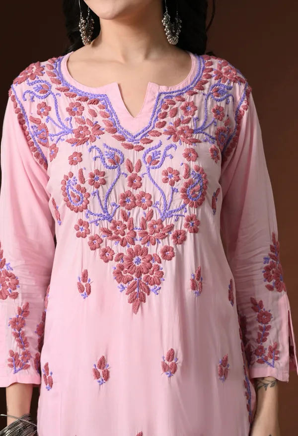 Pink_Multi-Color_Thread_Hand_Embroidered_Chikankari_Modal_Kurta_Pant_Set_for_Women