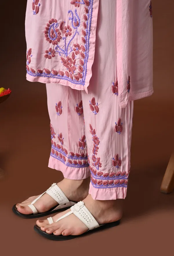 Pink_Multi-Color_Thread_Hand_Embroidered_Chikankari_Modal_Kurta_Pant_Set_for_Women