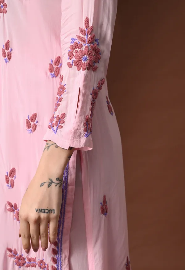Pink_Multi-Color_Thread_Hand_Embroidered_Chikankari_Modal_Kurta_Pant_Set_for_Women