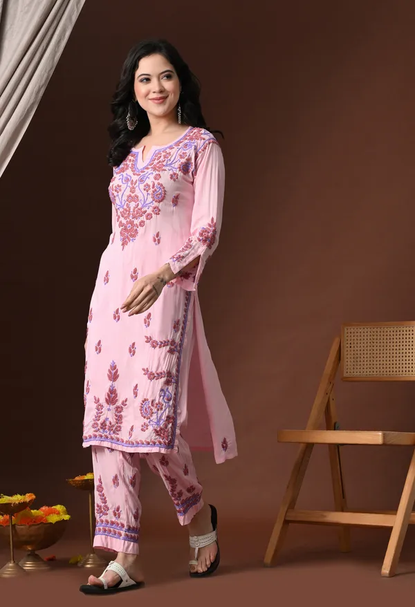 Pink_Multi-Color_Thread_Hand_Embroidered_Chikankari_Modal_Kurta_Pant_Set_for_Women