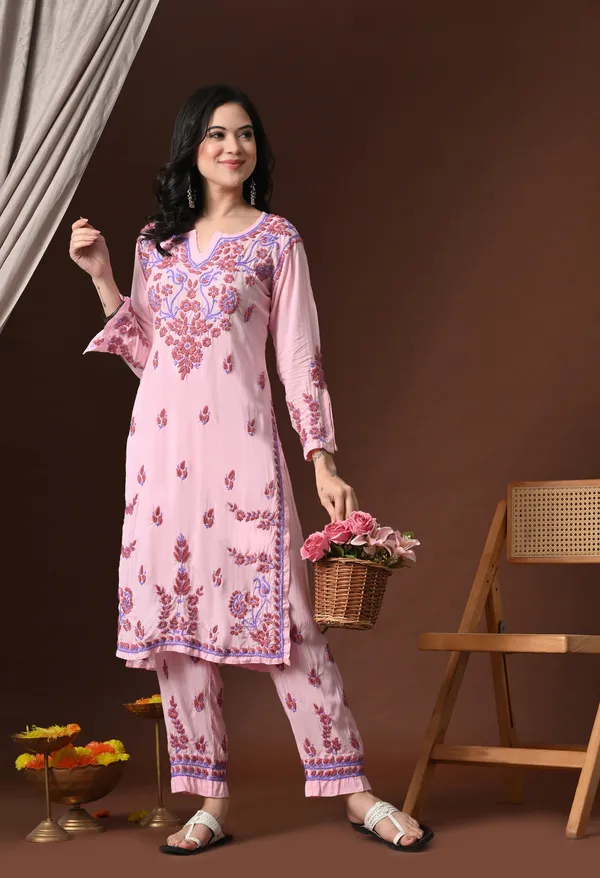 Pink_Multi-Color_Thread_Hand_Embroidered_Chikankari_Modal_Kurta_Pant_Set_for_Women