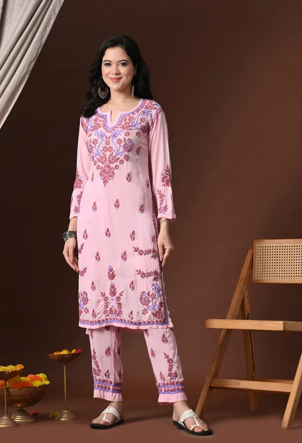 Pink_Multi-Color_Thread_Hand_Embroidered_Chikankari_Modal_Kurta_Pant_Set_for_Women