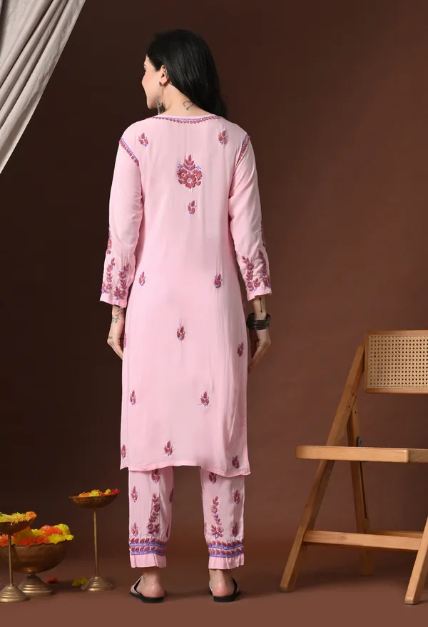 Pink_Multi-Color_Thread_Hand_Embroidered_Chikankari_Modal_Kurta_Pant_Set_for_Women
