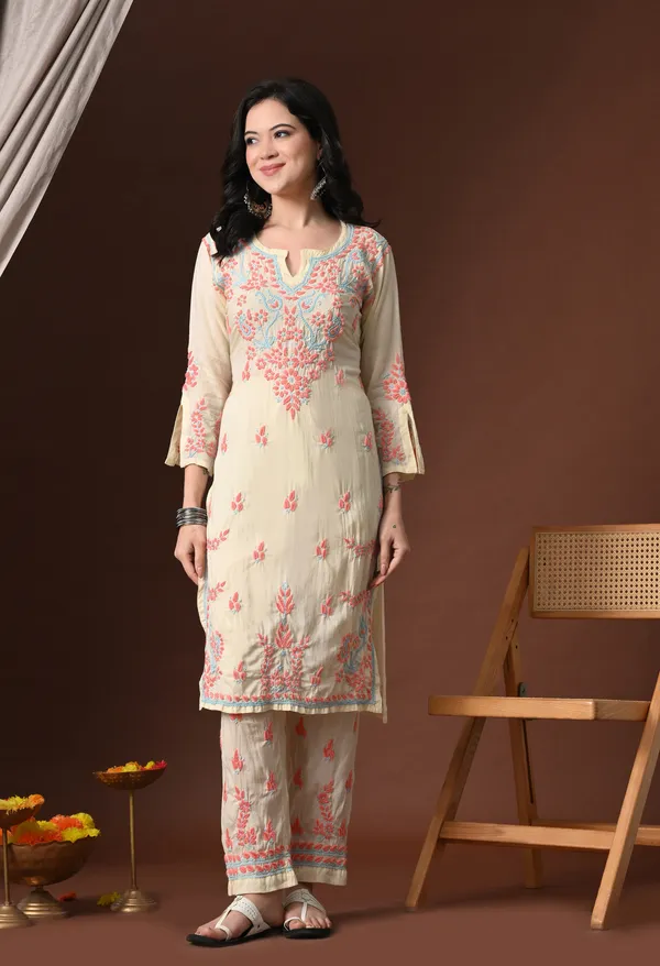 Yellow_Pink_Color_Thread_Hand_Embroidered_Chikankari_Modal_Kurta_Pant_Set_for_Women