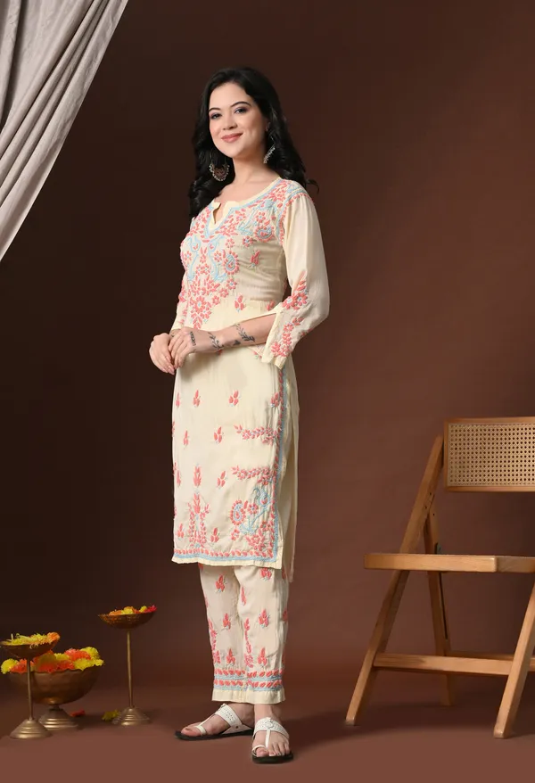 Yellow_Pink_Color_Thread_Hand_Embroidered_Chikankari_Modal_Kurta_Pant_Set_for_Women