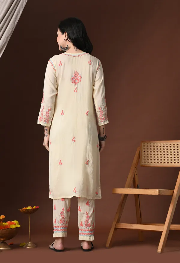 Yellow_Pink_Color_Thread_Hand_Embroidered_Chikankari_Modal_Kurta_Pant_Set_for_Women