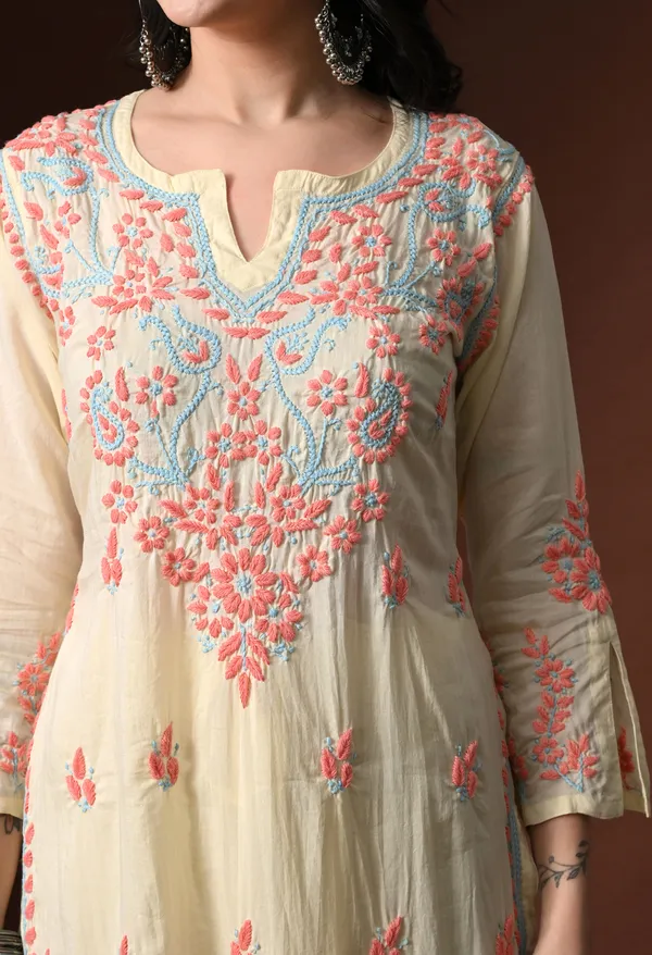 Yellow_Pink_Color_Thread_Hand_Embroidered_Chikankari_Modal_Kurta_Pant_Set_for_Women