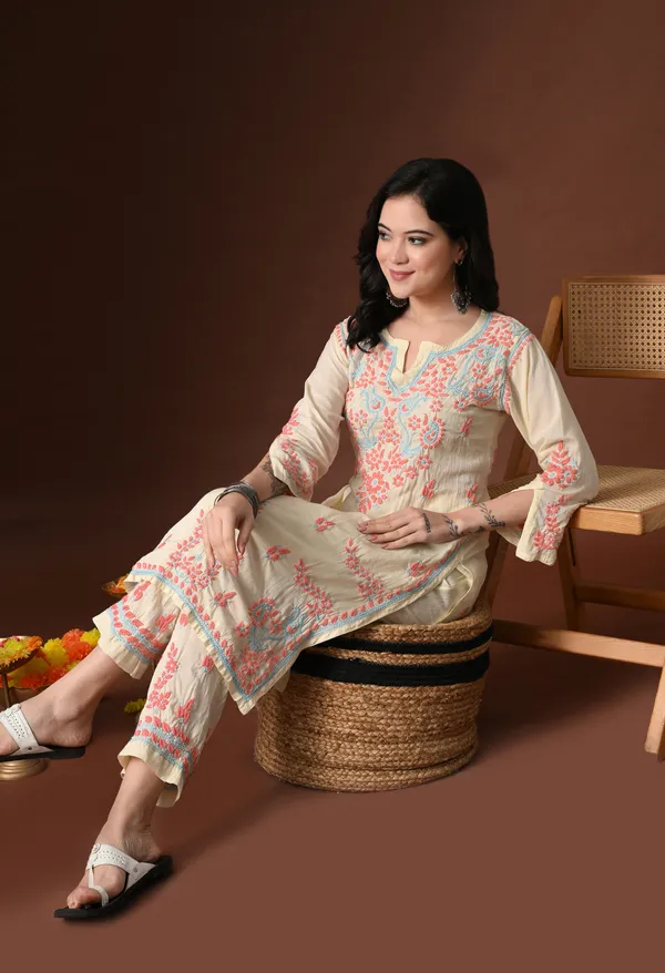 Yellow_Pink_Color_Thread_Hand_Embroidered_Chikankari_Modal_Kurta_Pant_Set_for_Women