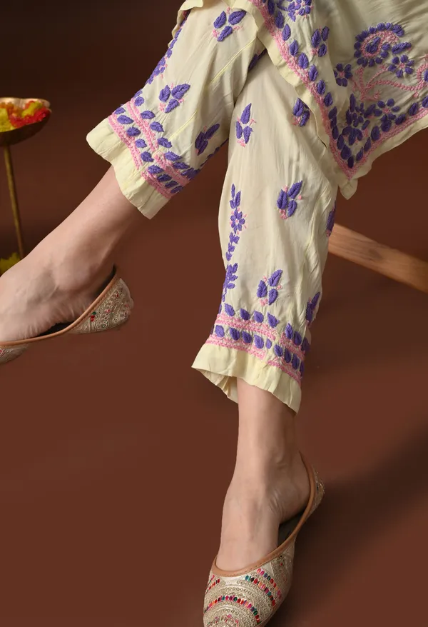 Yellow_Purple_Color_Thread_Hand_Embroidered_Chikankari_Modal_Kurta_Pant_Set_for_Women