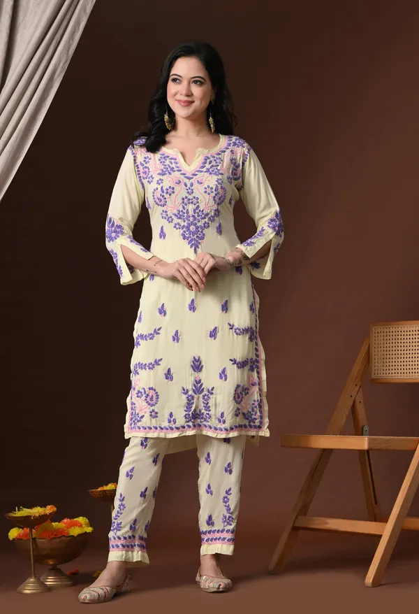 Yellow_Purple_Color_Thread_Hand_Embroidered_Chikankari_Modal_Kurta_Pant_Set_for_Women