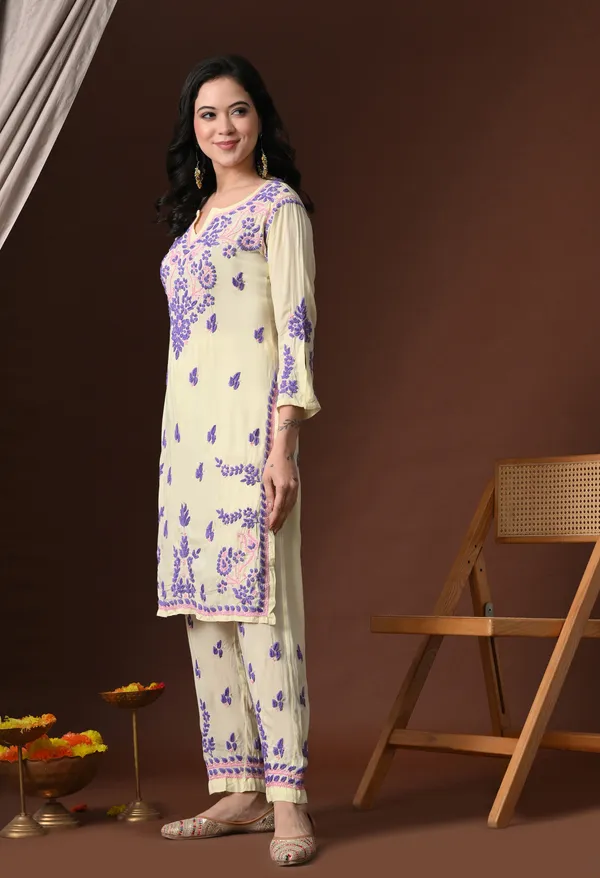 Yellow_Purple_Color_Thread_Hand_Embroidered_Chikankari_Modal_Kurta_Pant_Set_for_Women
