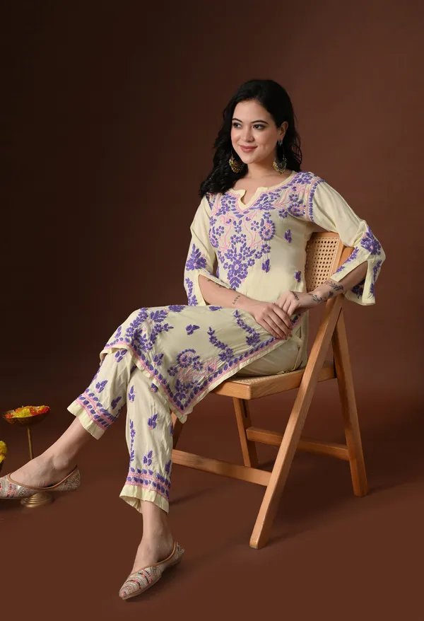Yellow_Purple_Color_Thread_Hand_Embroidered_Chikankari_Modal_Kurta_Pant_Set_for_Women