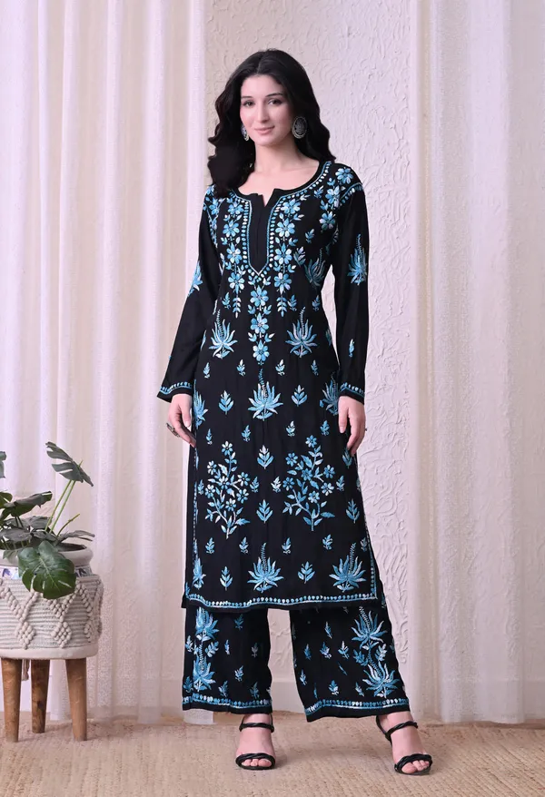 Syrish_"Noor-e-Neel"_Chikankari_Kurta_Set__Blue