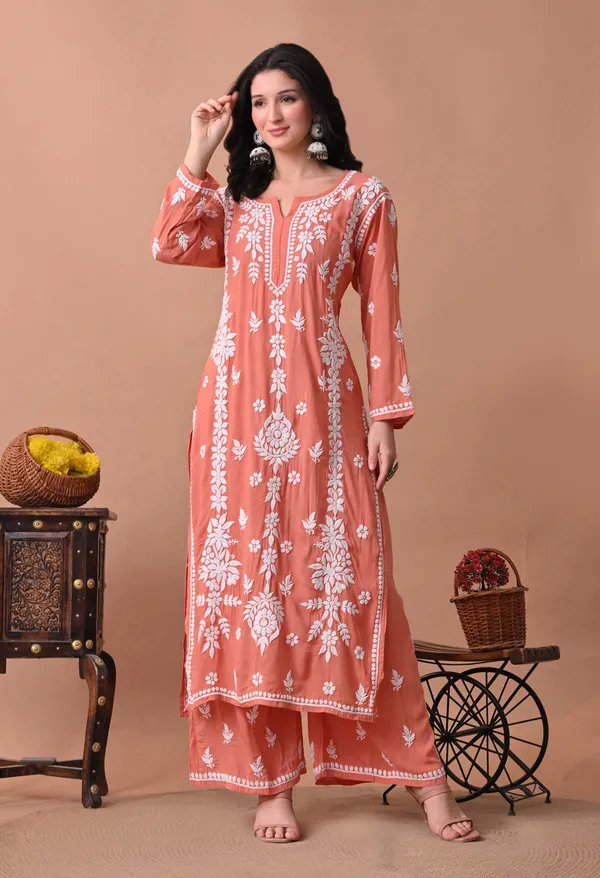 Syrish_Zareen_Peach_Modal_Chikankari_Kurta_Set