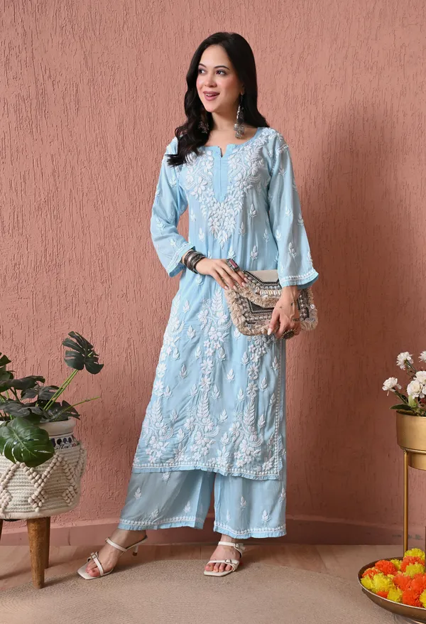 Syrish_Sky_Blue_Hand_Embroidered_Chikankari_Modal_Kurta_Set