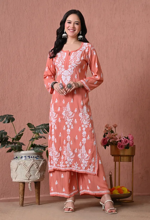 Syrish_Peach_Hand_Embroidered_Chikankari_Modal_Kurta_Set