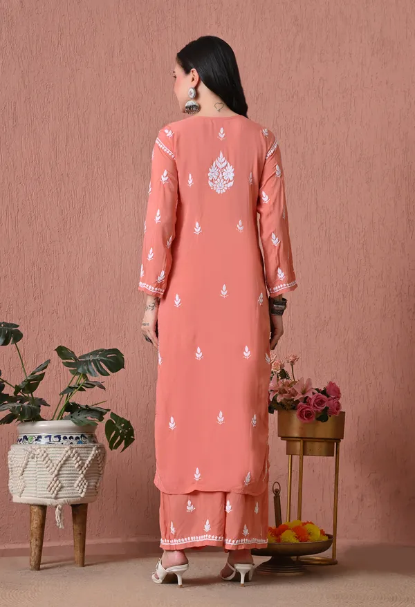 Syrish_Peach_Hand_Embroidered_Chikankari_Modal_Kurta_Set