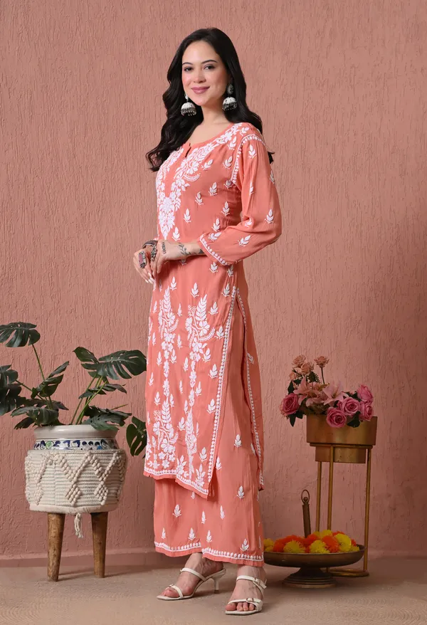 Syrish_Peach_Hand_Embroidered_Chikankari_Modal_Kurta_Set