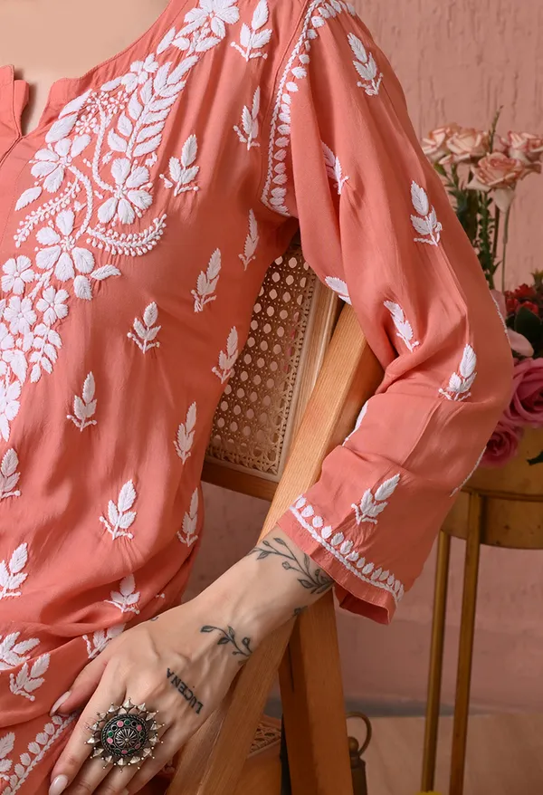 Syrish_Peach_Hand_Embroidered_Chikankari_Modal_Kurta_Set