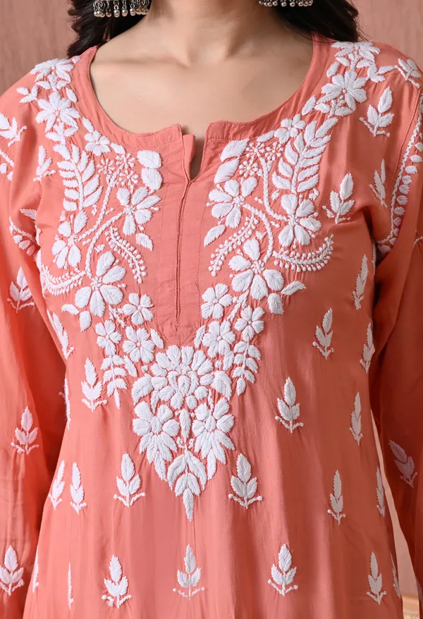 Syrish_Peach_Hand_Embroidered_Chikankari_Modal_Kurta_Set