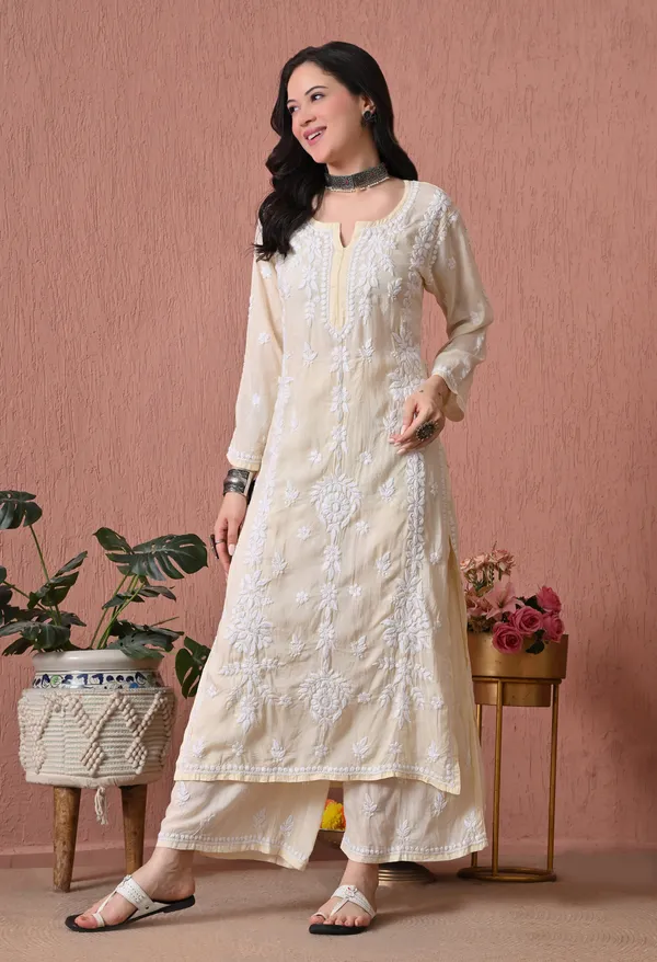 Syrish_Lemon_Yellow_Hand_Embroidered_Chikankari_Modal_Kurta_Set
