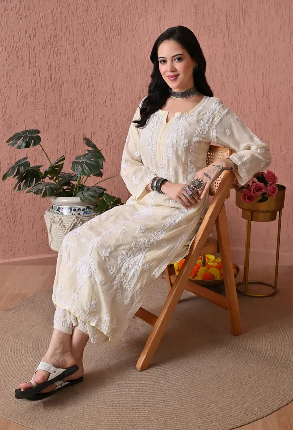 Syrish_Lemon_Yellow_Hand_Embroidered_Chikankari_Modal_Kurta_Set