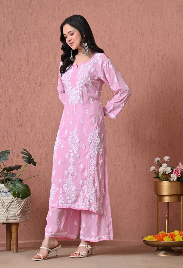 Syrish_Pink_Hand_Embroidered_Chikankari_Modal_Kurta_Set