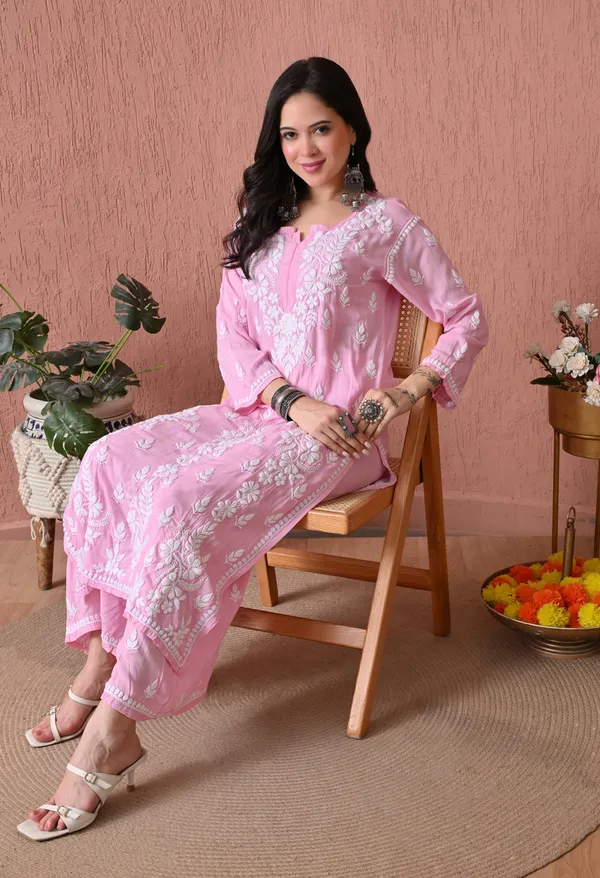 Syrish_Pink_Hand_Embroidered_Chikankari_Modal_Kurta_Set