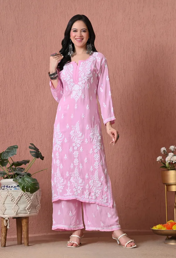 Syrish_Pink_Hand_Embroidered_Chikankari_Modal_Kurta_Set