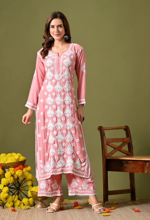 Syrish_Women's_Blush_Pink_Hand_Embroidered_Lucknow_Chikankari_Modal_Kurta_Palazzo_Set