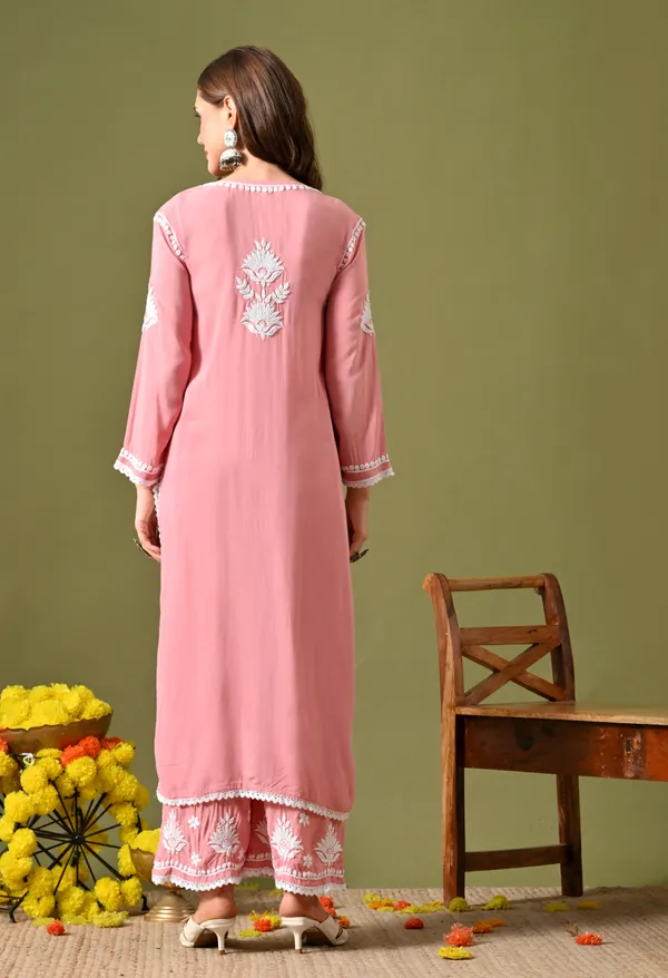 Syrish_Women's_Blush_Pink_Hand_Embroidered_Lucknow_Chikankari_Modal_Kurta_Palazzo_Set